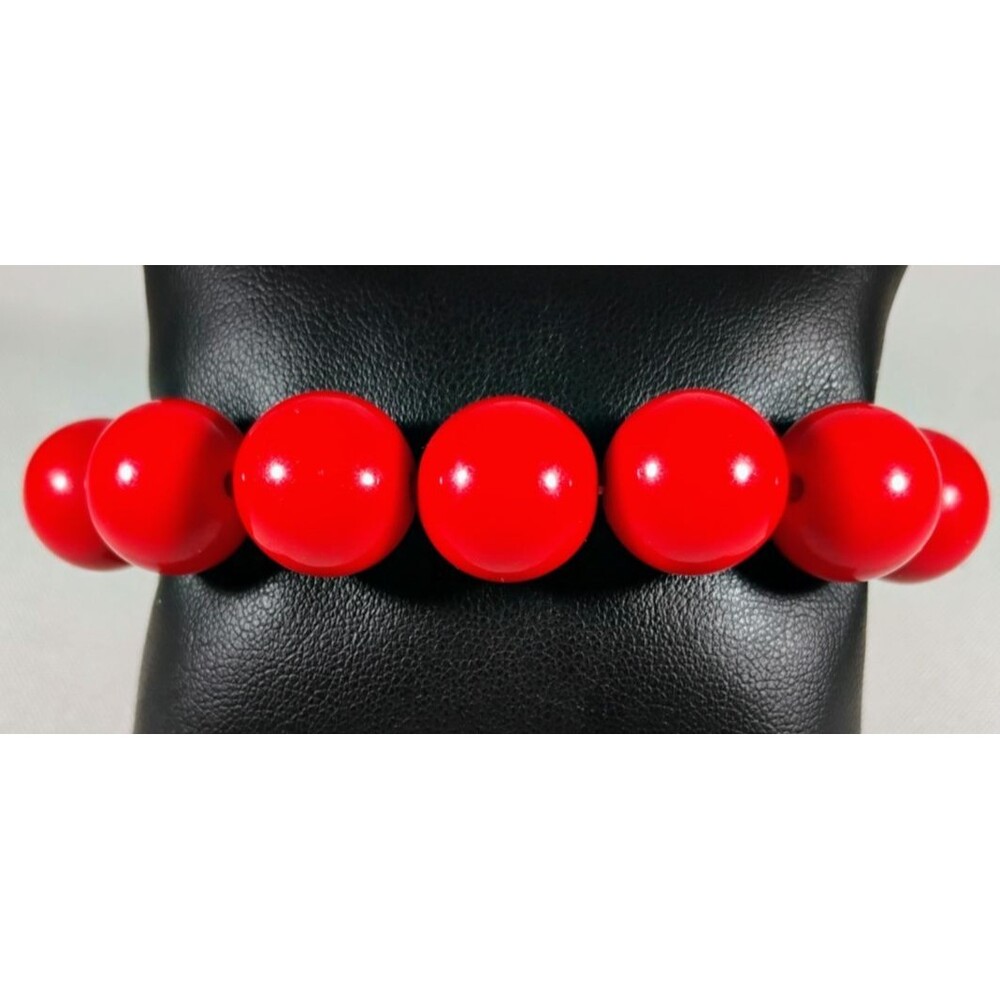 Vintage Wooden Stretch Bracelet Handmade Vibrant Red Beads Boho Retro Glossy